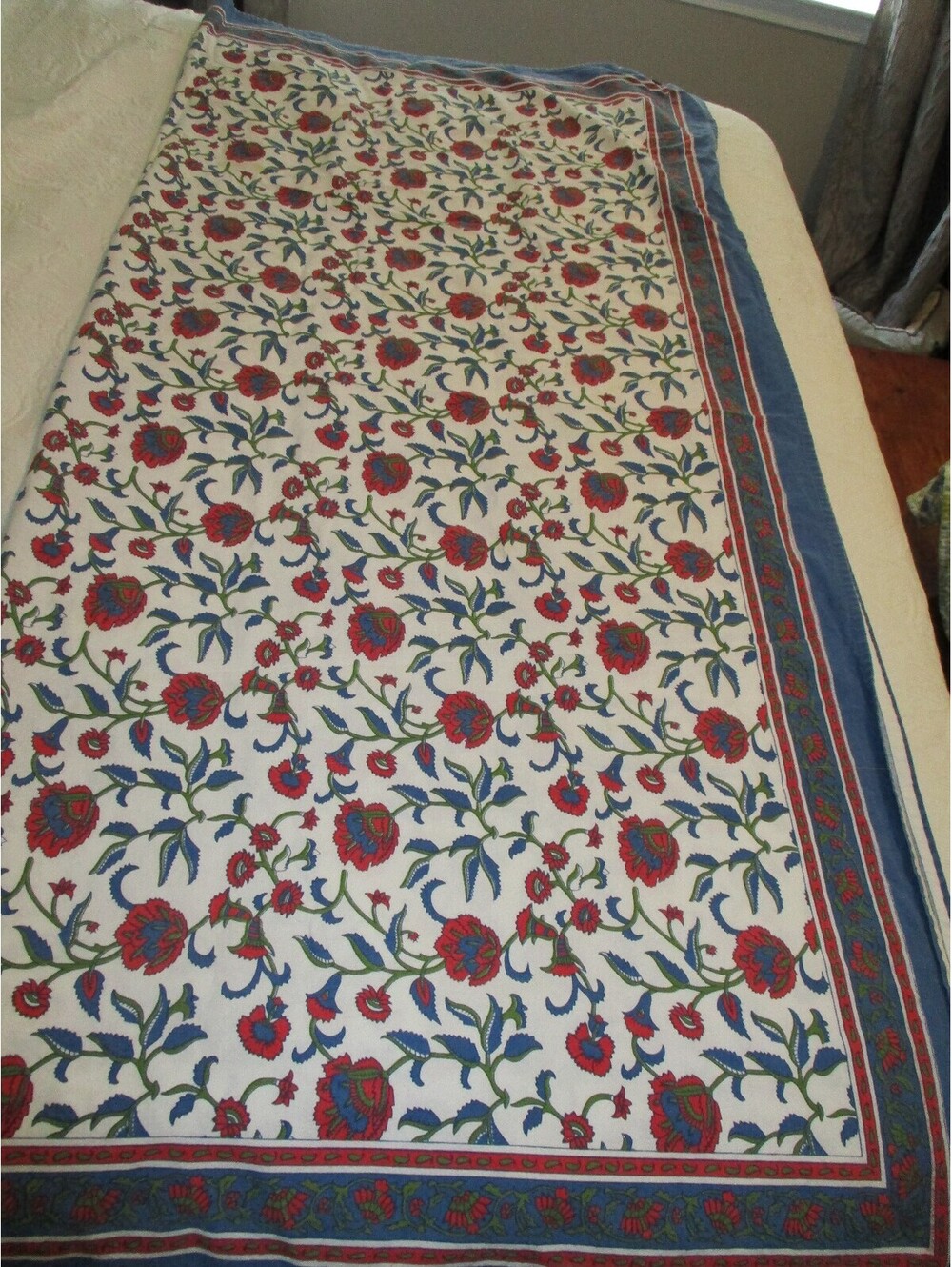 Nicole Miller Red Blue Floral Tablecloth 56x60 Indian Block Print Style Boho
